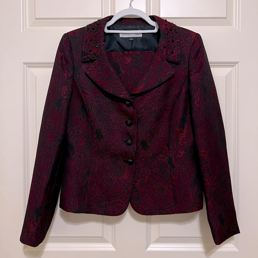 Tahari Jeweled Burgundy Skirt Suit *TAILORED—SEE DESCRIPTION FOR MEASUREMENTS*